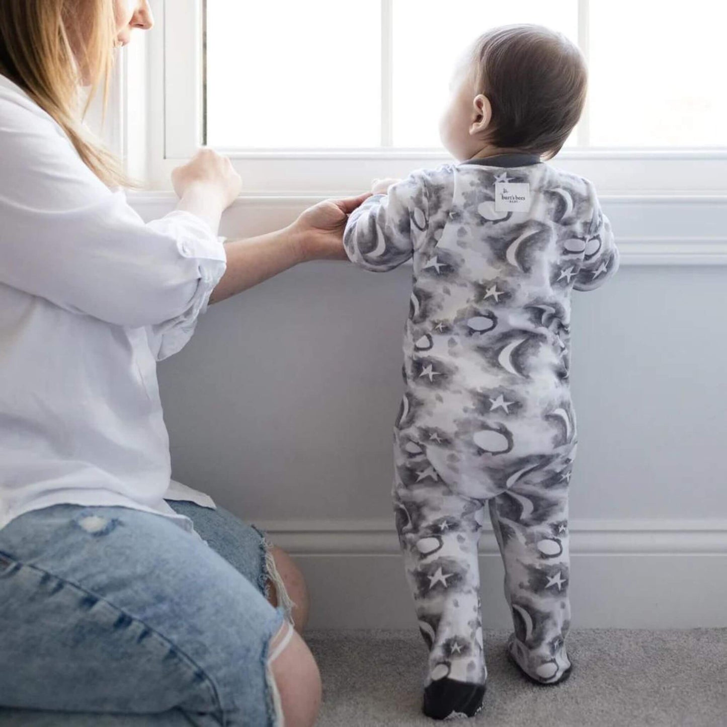 Organic Baby Zip Up Footed Sleeper - Cloudy Night Moon & Stars
