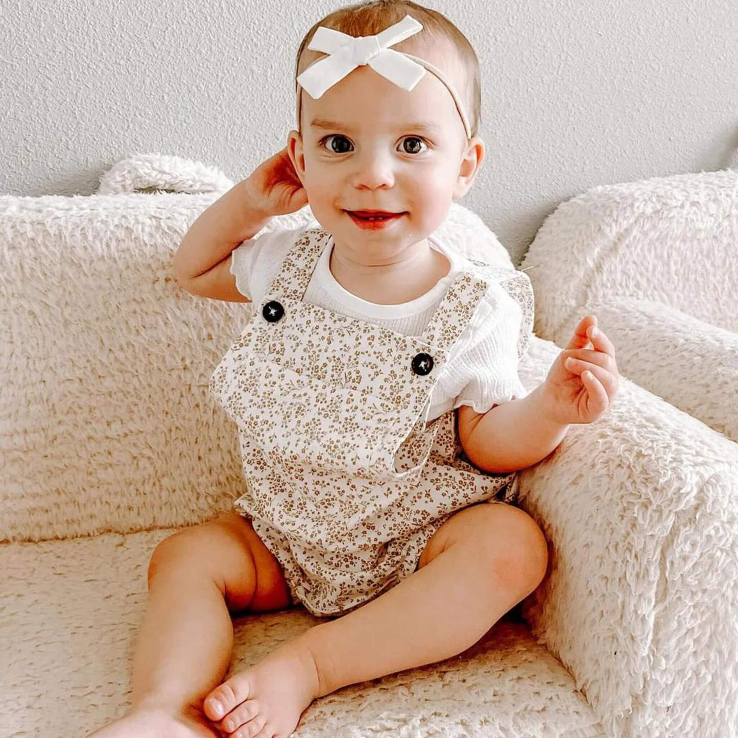 Organic Linen Alani Floral Baby Bubble Romper - Latte
