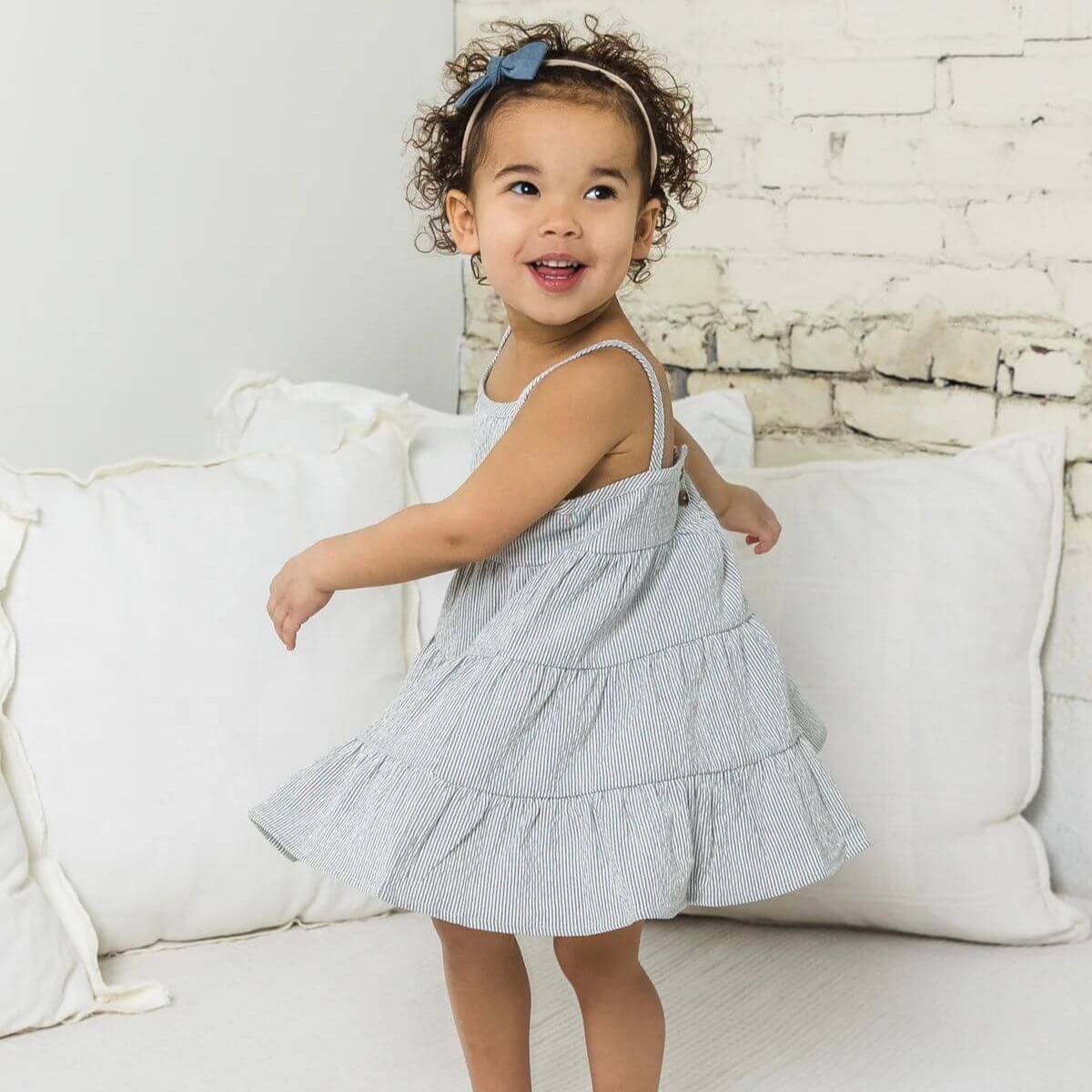 Organic Toddler Cari Seersucker Tiered Dress - Shore Stripe / Mist
