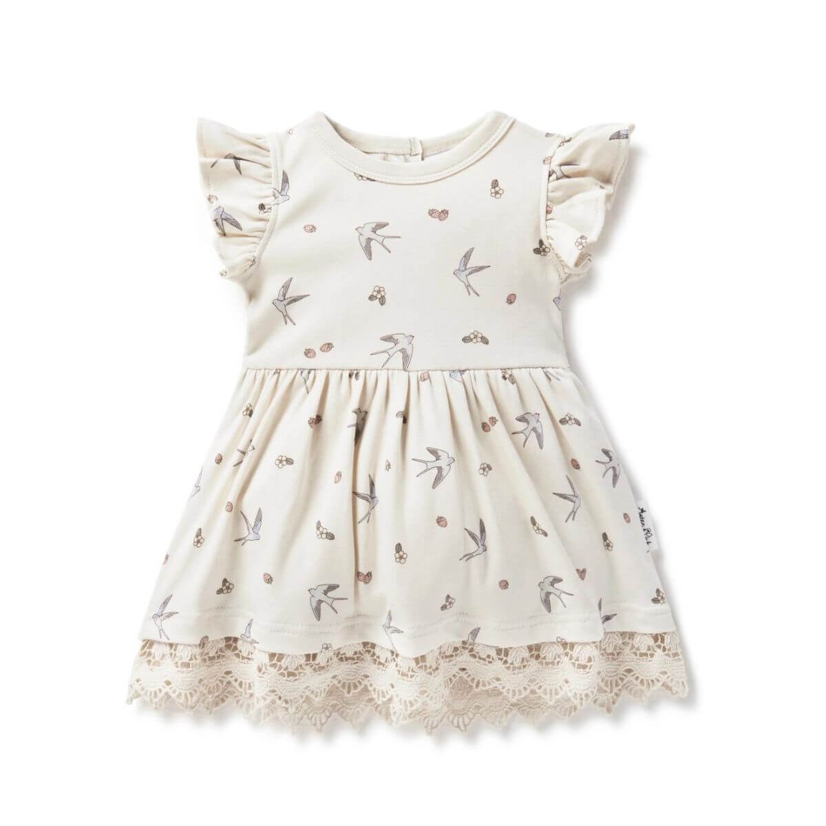 Organic Toddler Lace Flutter Sleeve Dress - Swallows