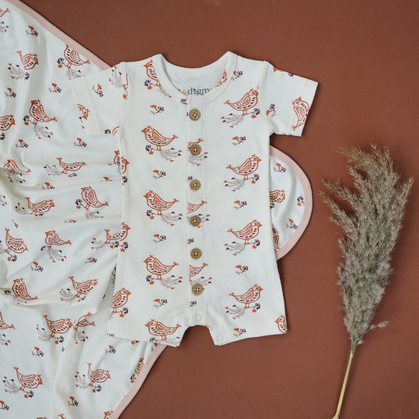 Organic Short Sleeve Baby Romper - Celadon Quail