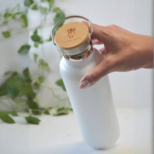 Stainless Steel Reusable Water Bottle with Bamboo Lid - White
