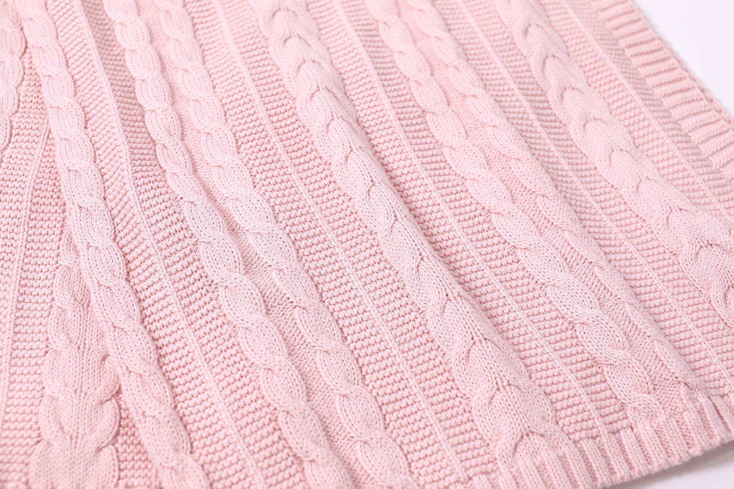 Classic Cable Sweater Knit Organic Cotton Baby Blanket - Blush