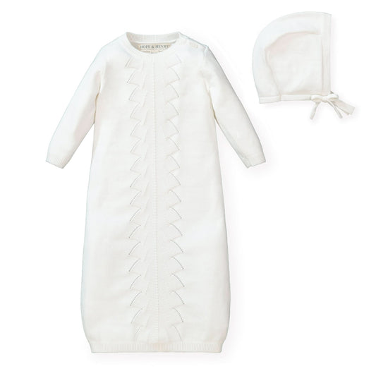 Organic Pointelle Baby Sweater Gown & Bonnet Set