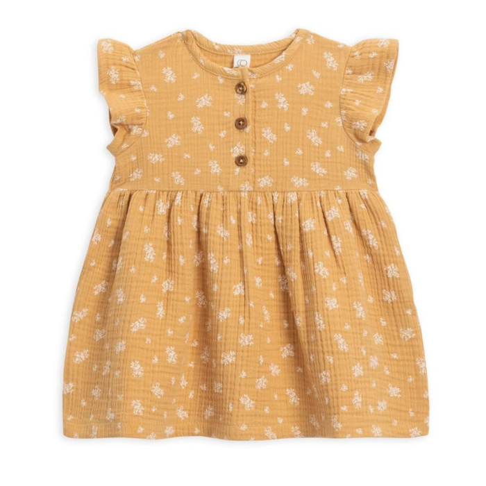 Organic Gia Muslin Ruffle Sleeve Baby Dress - Honeysuckle