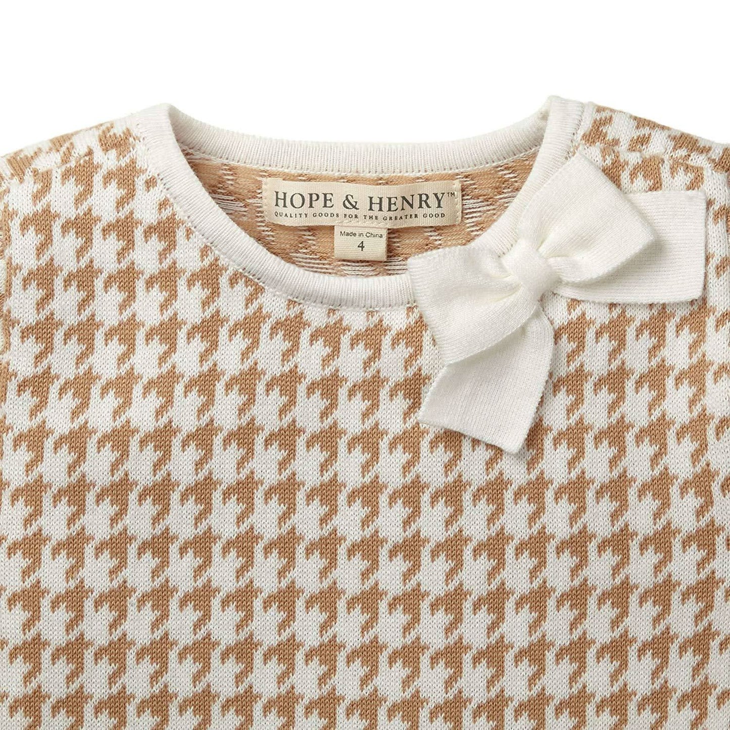 Girls Organic Houndstooth Sweater Dress - Tan