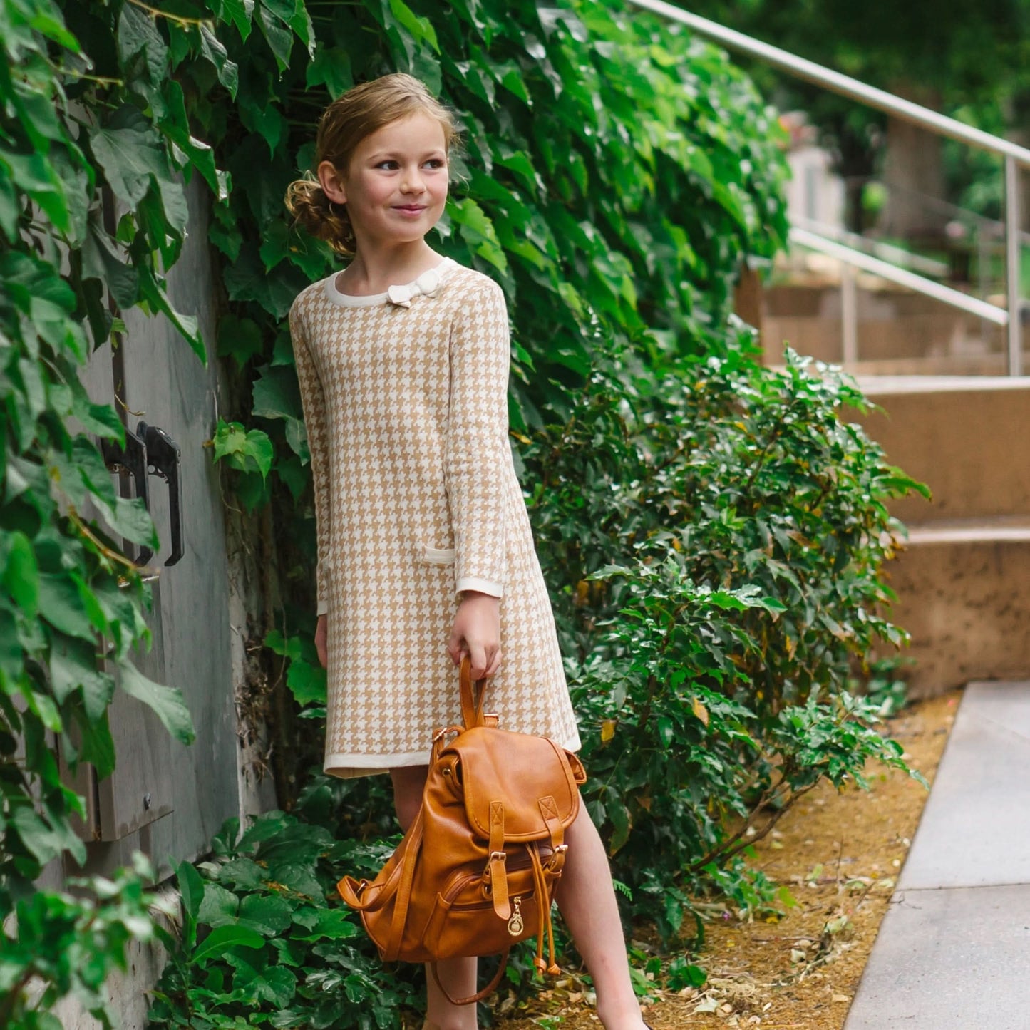 Girls Organic Houndstooth Sweater Dress - Tan