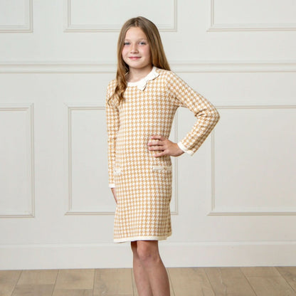 Girls Organic Houndstooth Sweater Dress - Tan
