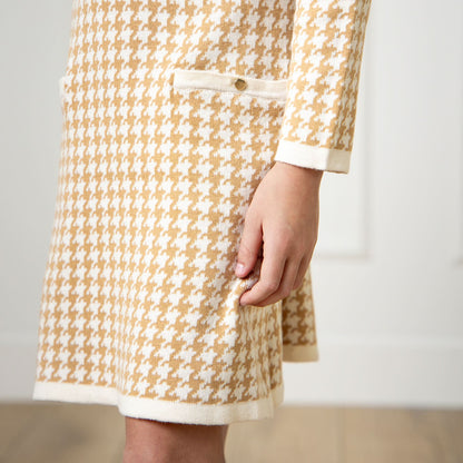 Girls Organic Houndstooth Sweater Dress - Tan