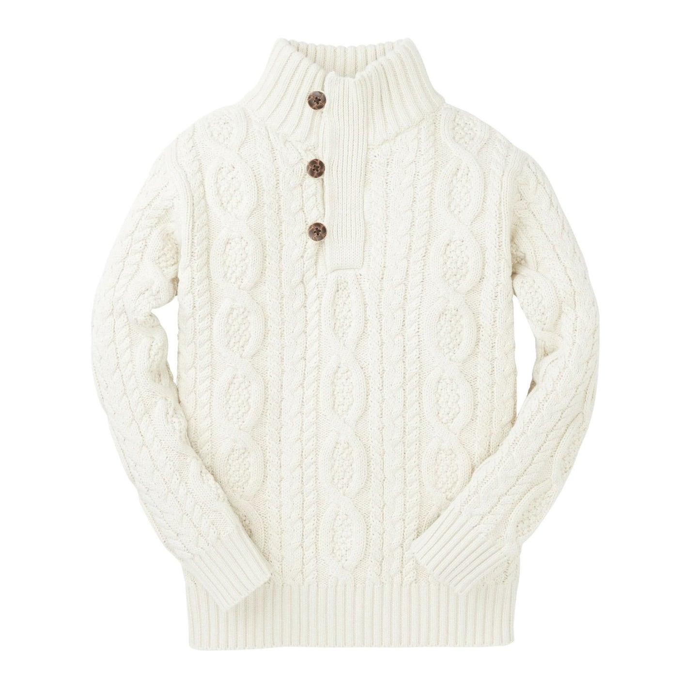 Boys Organic Mock Neck Cable Sweater with Buttons - White