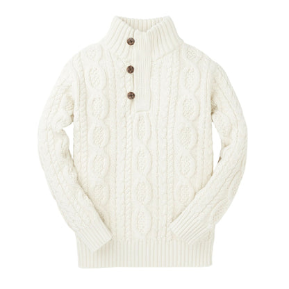 Boys Organic Mock Neck Cable Sweater with Buttons - White