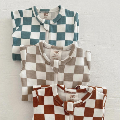 Organic Baby Zip Footie - Tiramisu Checkerboard