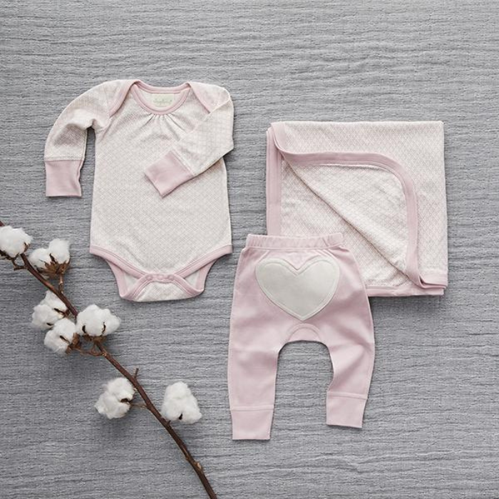 Organic Baby Pants - Heart Applique - Dusty Pink - Flat Lay with Bodysuit and Blanket