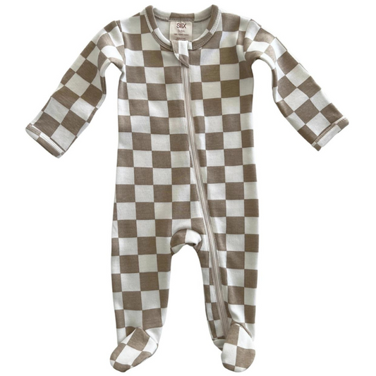 Organic Baby Zip Footie - Tiramisu Checkerboard