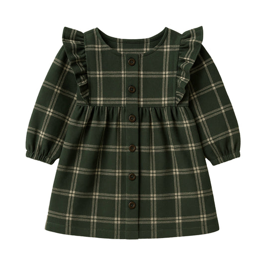 Girls Organic Rya Flannel Ruffle Dres - Pine Plaid