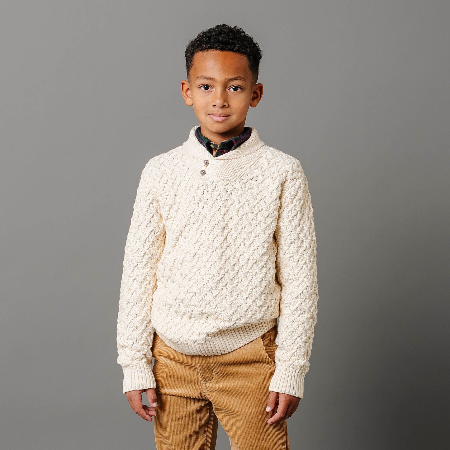 Boys Shawl Collar Organic Cable Sweater