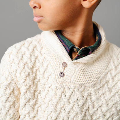 Boys Shawl Collar Organic Cable Sweater