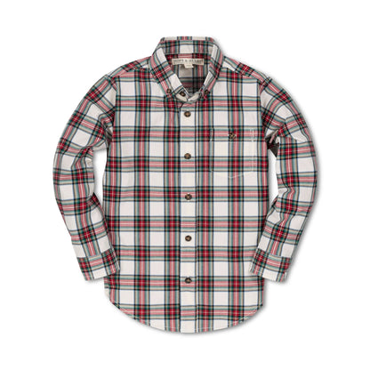 Boys Organic Button Down Shirt - Ivory Tartan