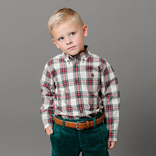 Boys Organic Button Down Shirt - Ivory Tartan