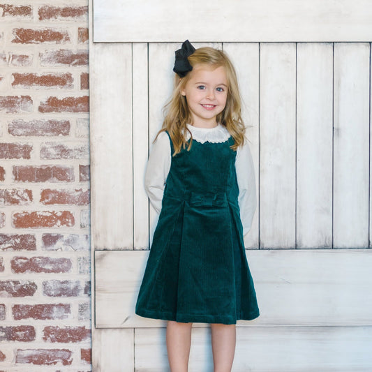 Girls Bow Front Jumper Dress - Deep Green