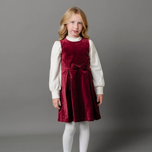Bow Front Toddler & Kid Jumper Dress - Wine Velvet