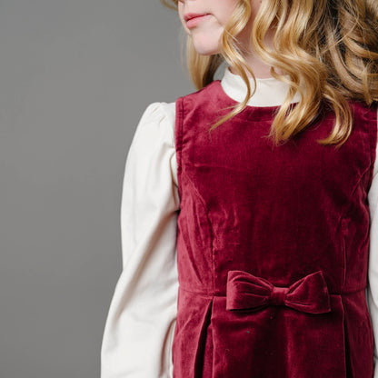 Bow Front Toddler & Kid Jumper Dress - Wine Velvet