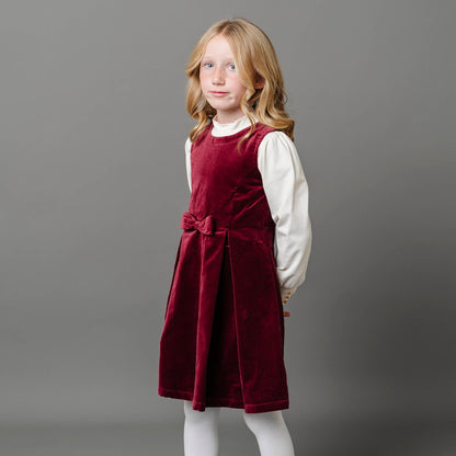 Bow Front Toddler & Kid Jumper Dress - Wine Velvet
