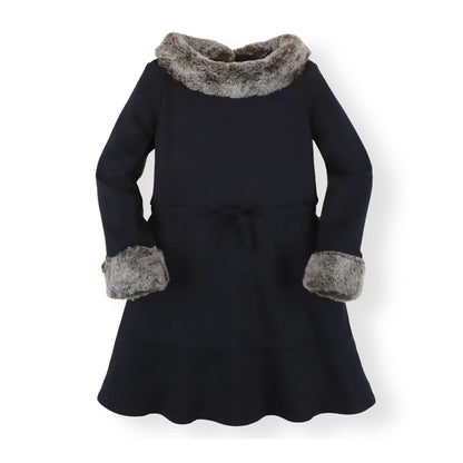 Girls Long Sleeve Ponte Dress with Faux Fur