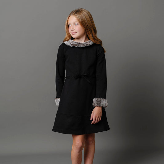 Girls Long Sleeve Ponte Dress with Faux Fur