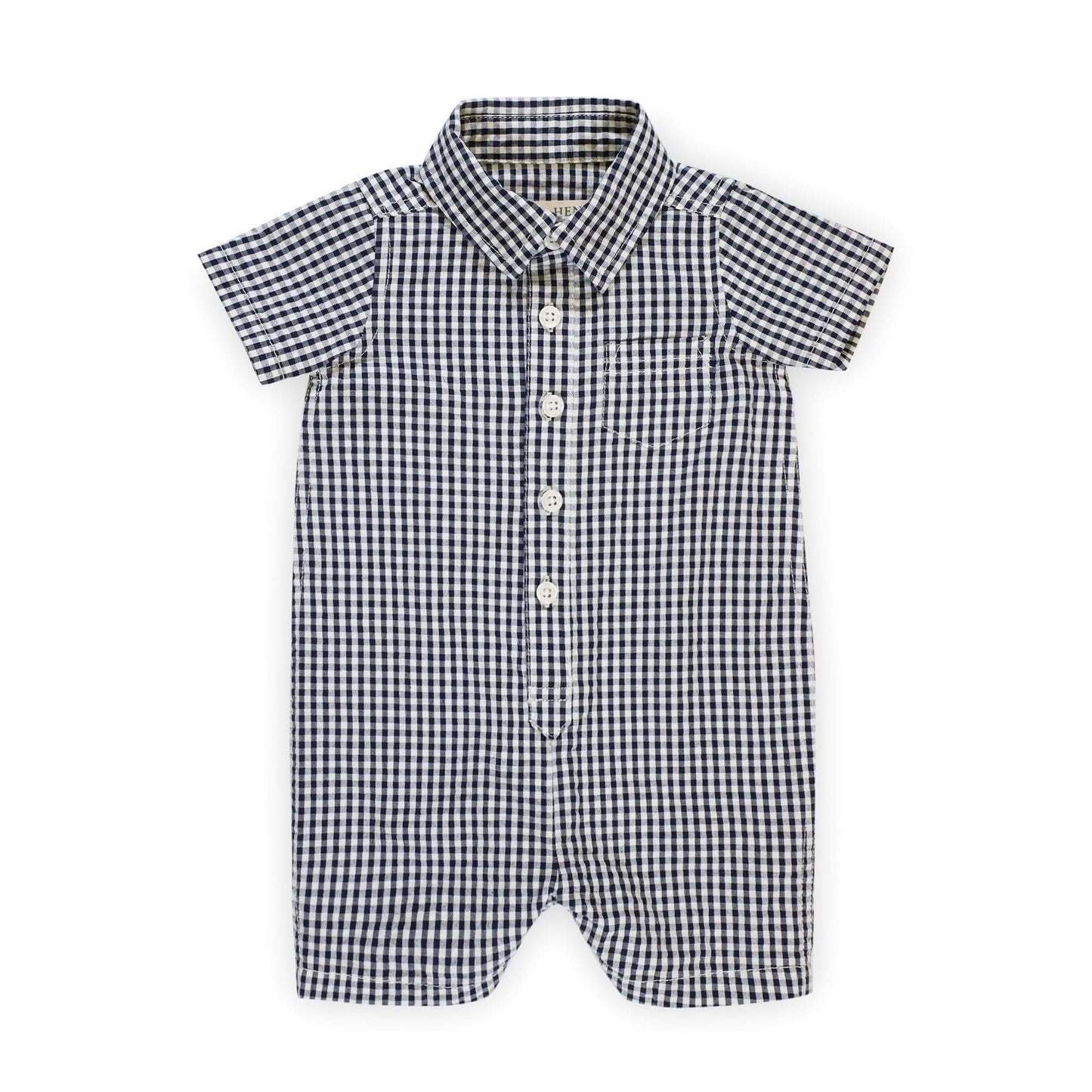 Organic Seersucker Button Front Baby Boy Romper