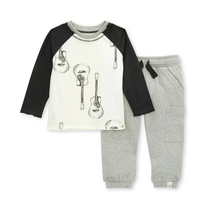 Organic Baby Outfit / Baseball Tee & French Terry Pant Set - Acoustic Guitar