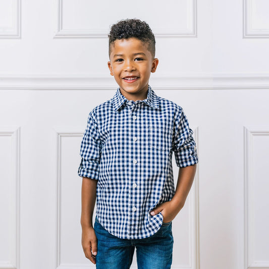 Organic Boys Roll-Up Gingham Collared Shirt