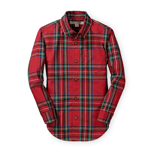 Baby Boy Stretch Poplin Button Down Shirt - Red Tartan