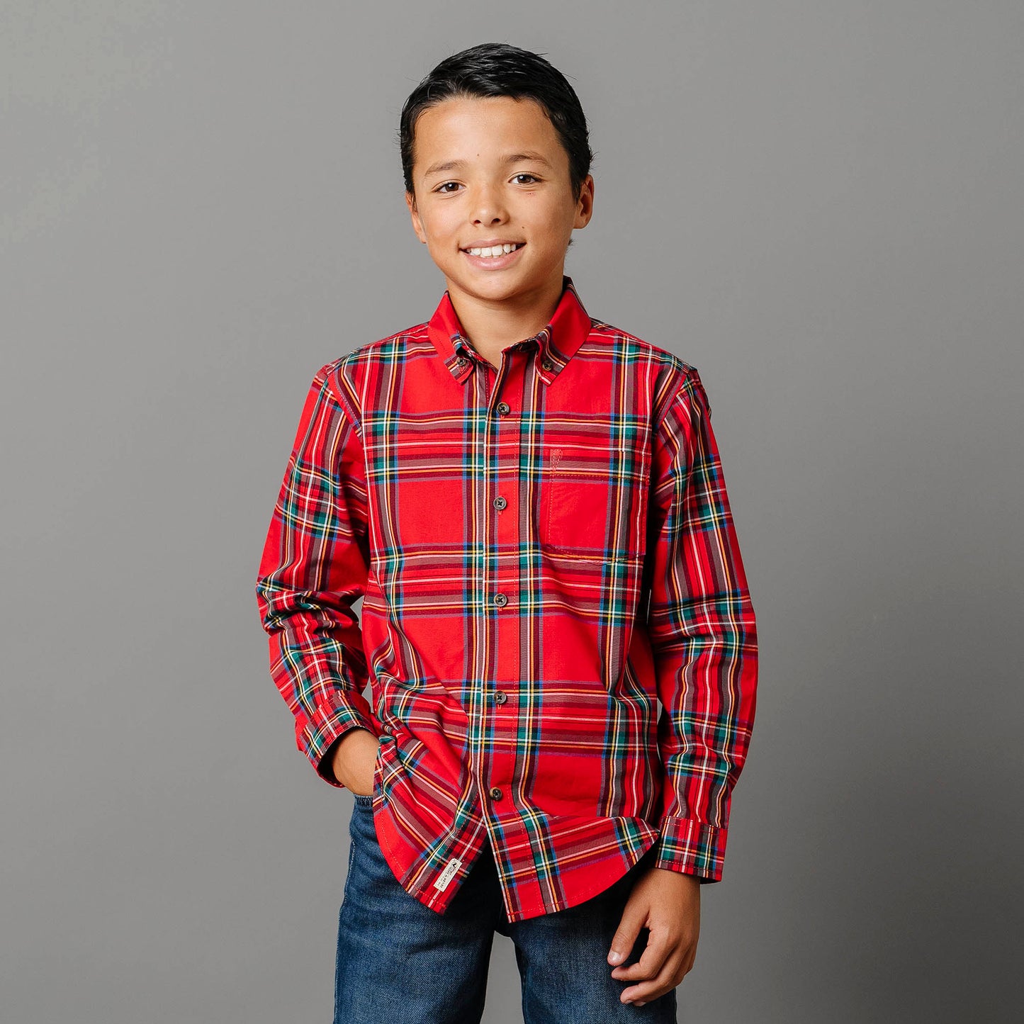 Baby Boy Stretch Poplin Button Down Shirt - Red Tartan