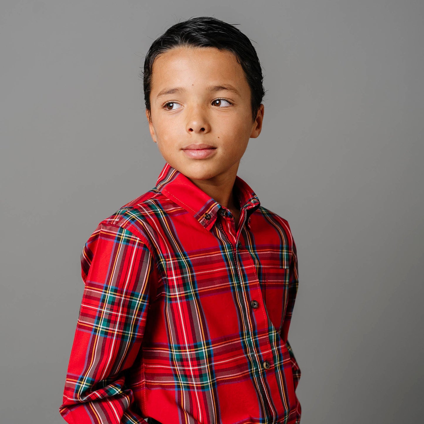 Baby Boy Stretch Poplin Button Down Shirt - Red Tartan