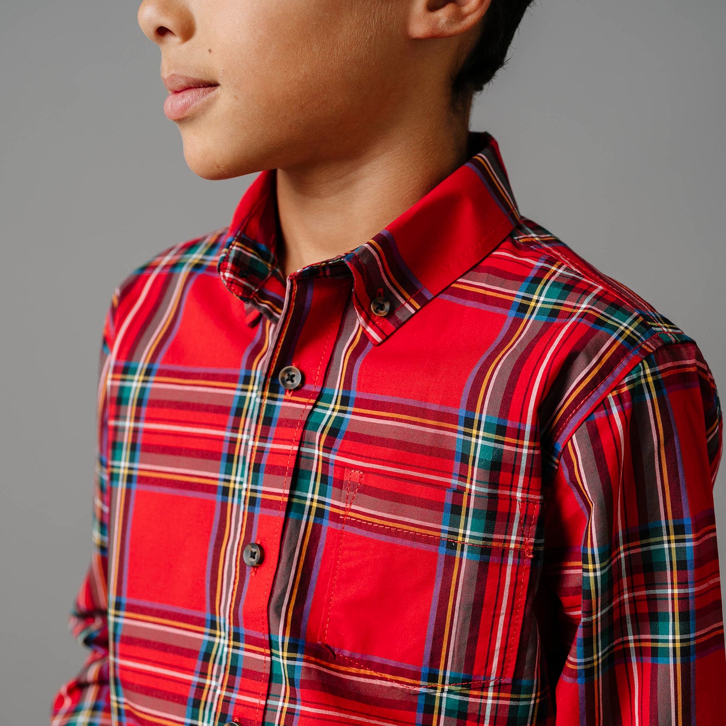 Baby Boy Stretch Poplin Button Down Shirt - Red Tartan