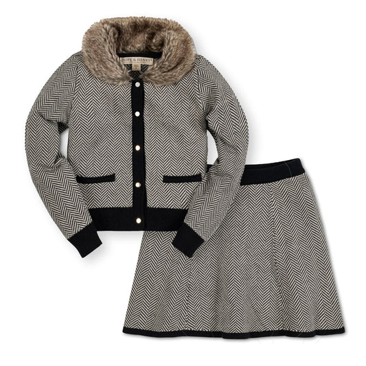 Girls Faux Fur Cardigan & Skirt Organic Sweater Set