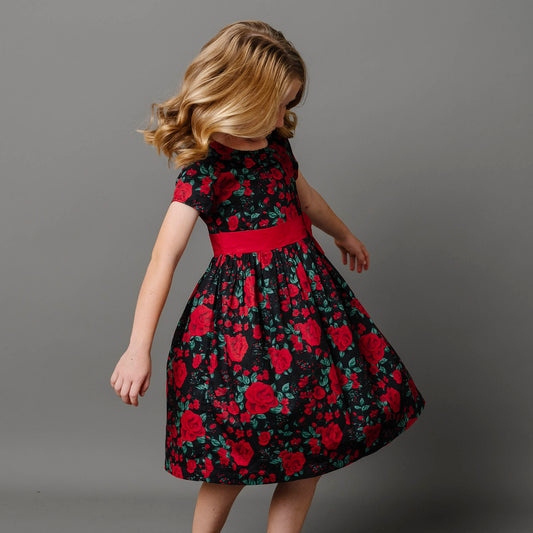 Girls Organic Ruffle Collar Party Dress - Black Holiday Rose