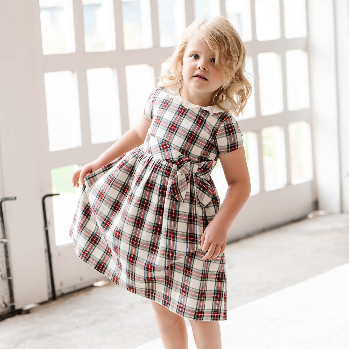 Girls Ruffle Collar Organic Party Dress - Ivory Tartan