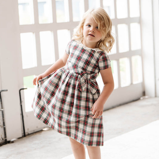 Girls Ruffle Collar Organic Party Dress - Ivory Tartan