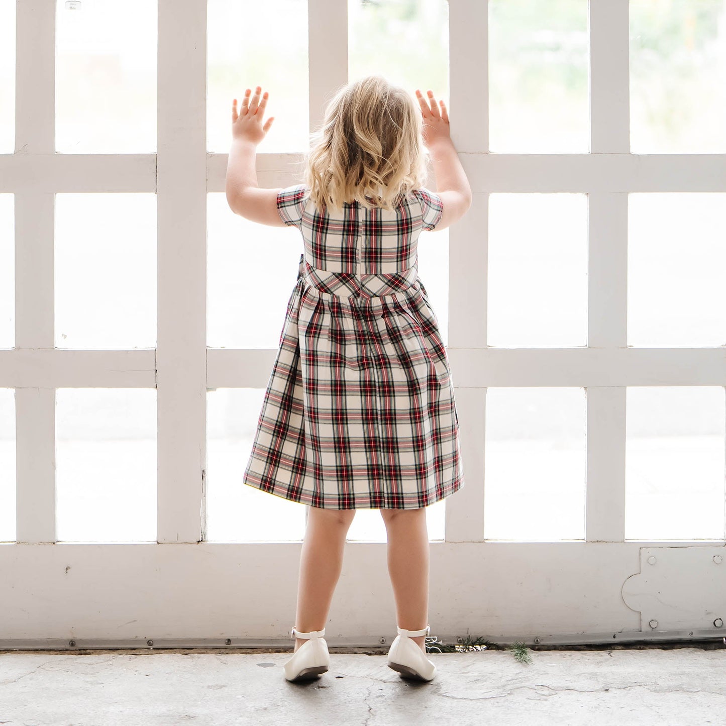 Girls Ruffle Collar Organic Party Dress - Ivory Tartan