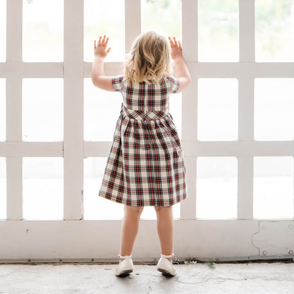 Girls Ruffle Collar Organic Party Dress - Ivory Tartan