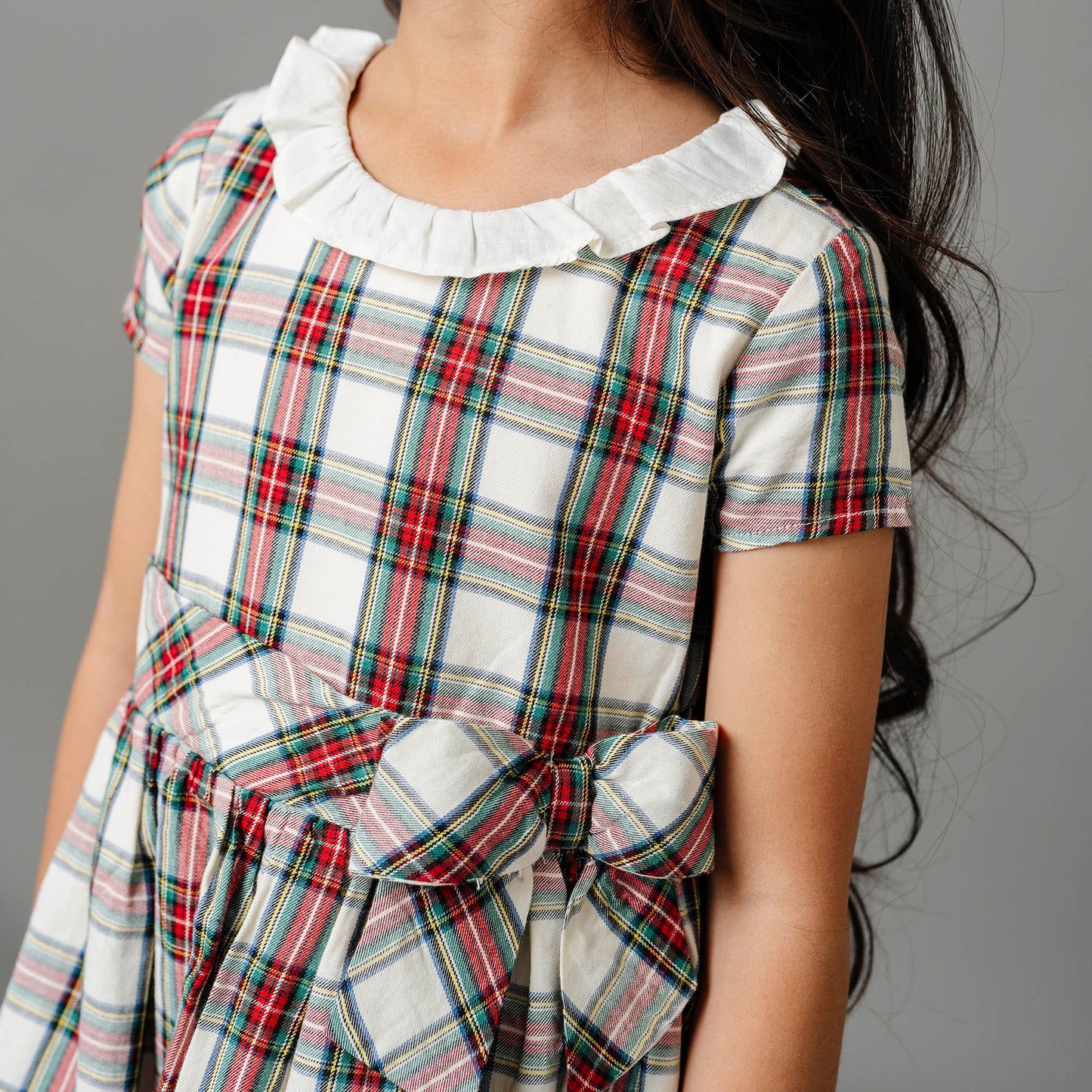 Girls Ruffle Collar Organic Party Dress - Ivory Tartan