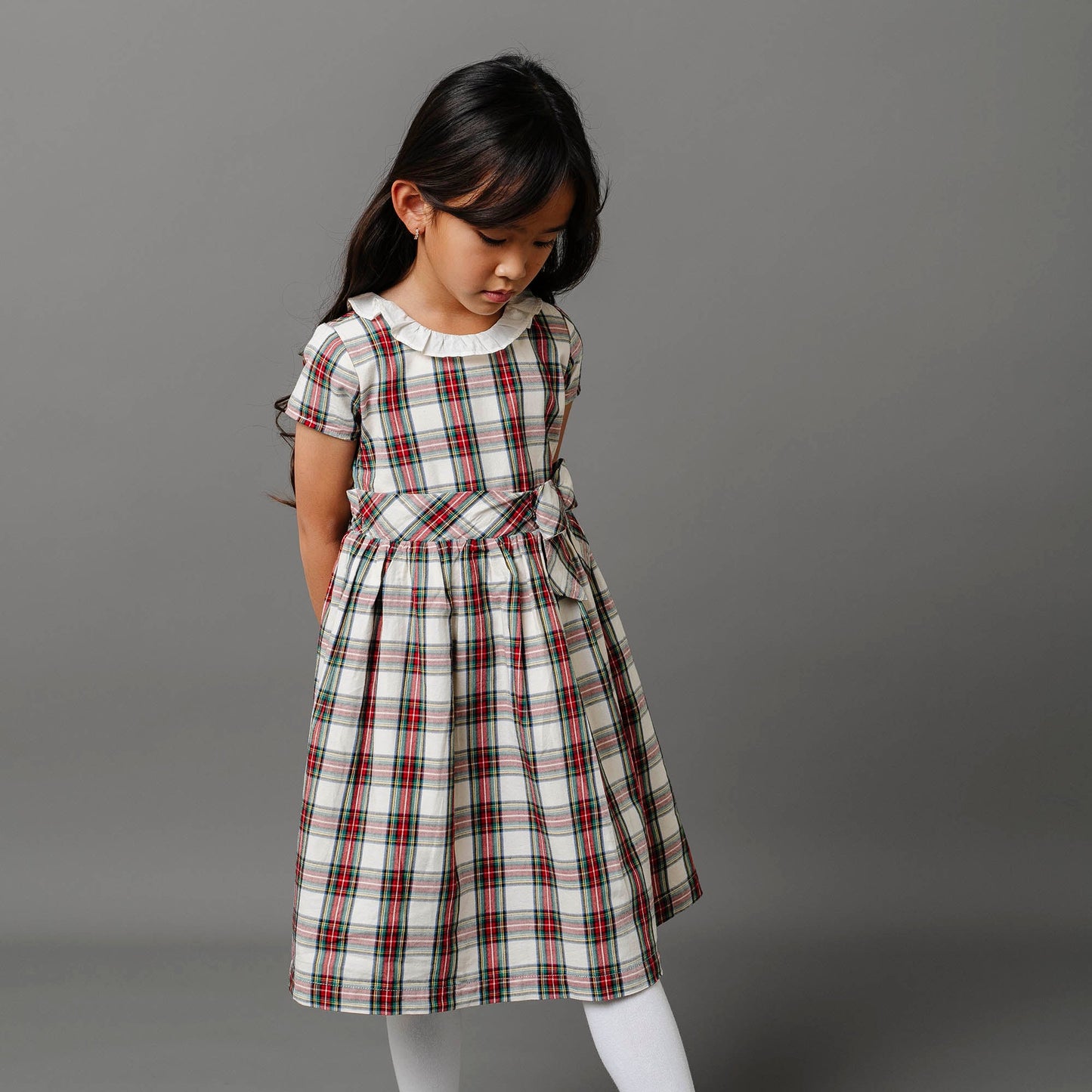 Girls Ruffle Collar Organic Party Dress - Ivory Tartan