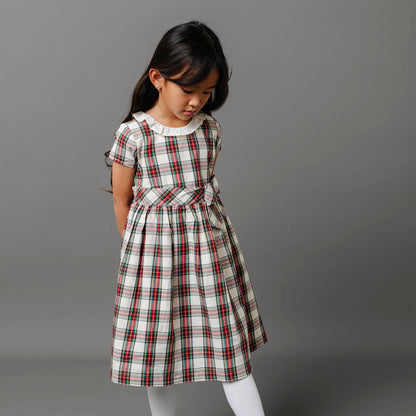 Girls Ruffle Collar Organic Party Dress - Ivory Tartan