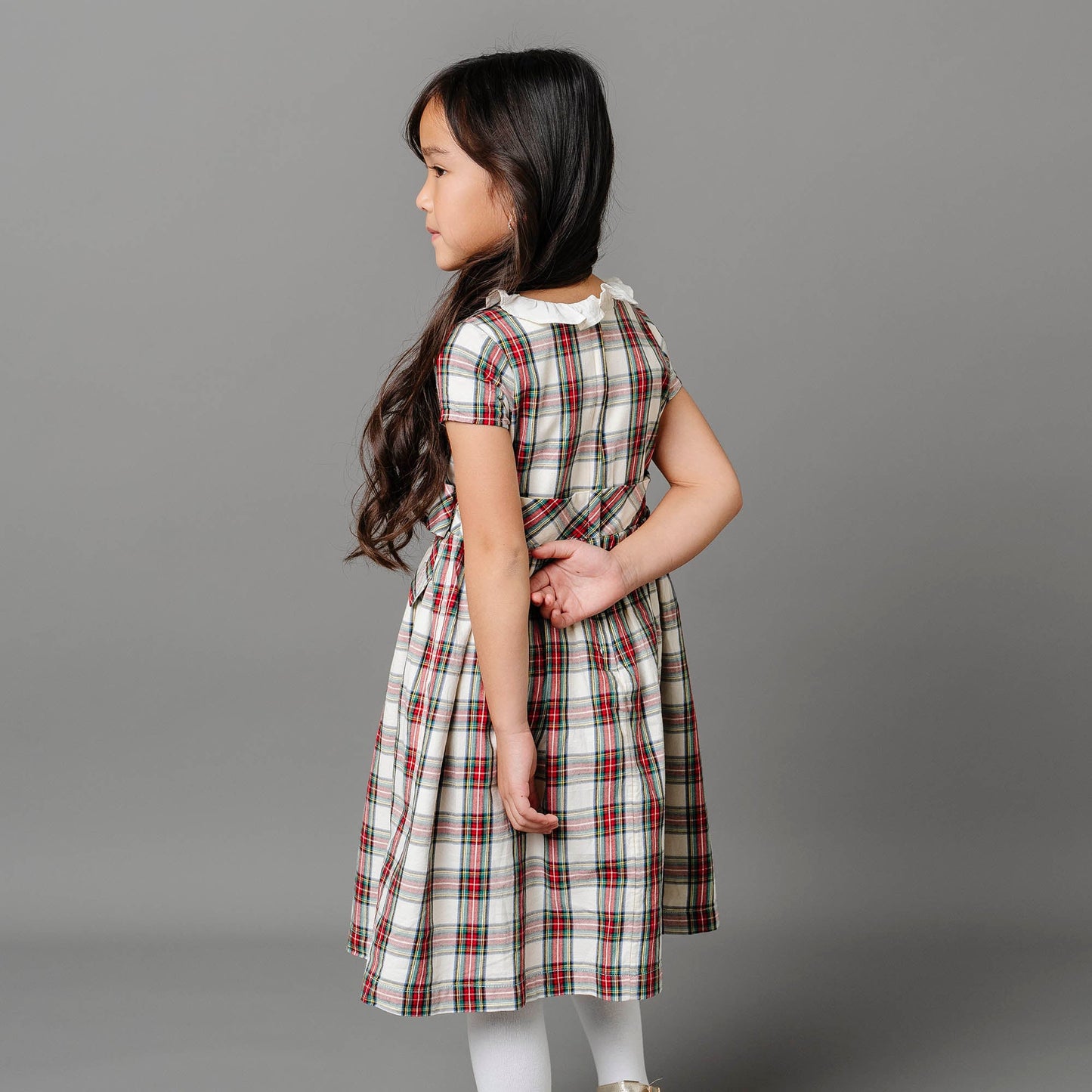 Girls Ruffle Collar Organic Party Dress - Ivory Tartan