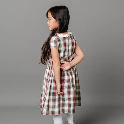 Girls Ruffle Collar Organic Party Dress - Ivory Tartan
