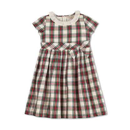 Girls Ruffle Collar Organic Party Dress - Ivory Tartan