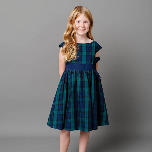 Cap Sleeve Organic Girls Tartan Dress with Bow Sash