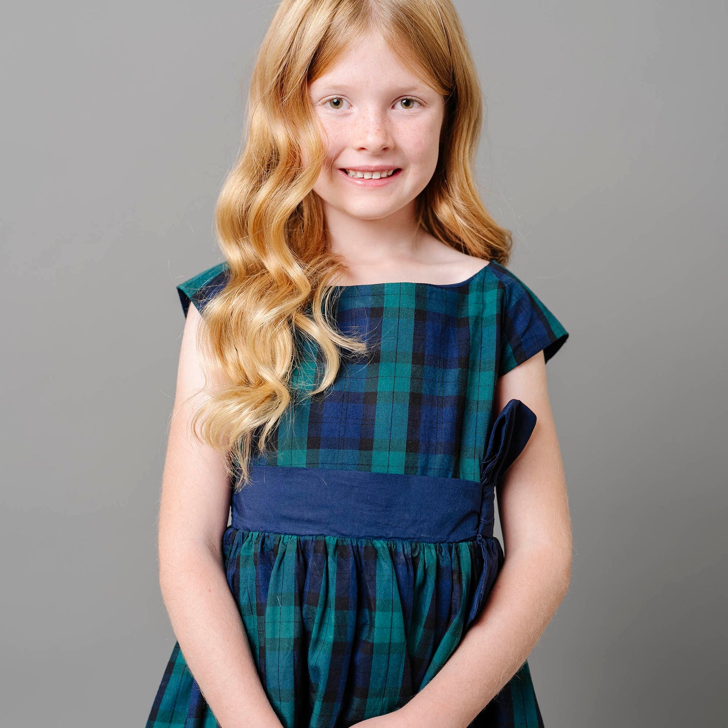 Cap Sleeve Organic Girls Tartan Dress with Bow Sash